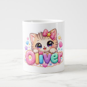 Söt Kawaii Oliver Katt Namn Pastell Rosa Glittrand Jumbo Mugg