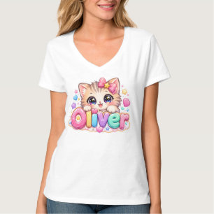 Söt Kawaii Oliver Katt Namn Pastell Rosa Glittrand T Shirt