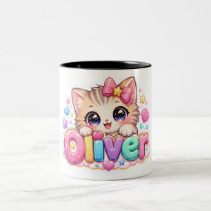 Söt Kawaii Oliver Katt Namn Pastell Rosa Glittrand Två-Tonad Mugg