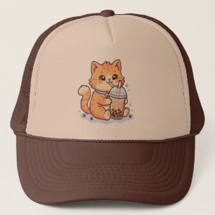 Söt Kawaii Orange Tabby Katt Dricker Boba Bubble Keps