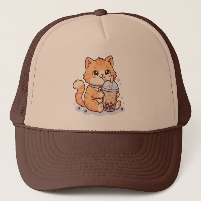 Söt Kawaii Orange Tabby Katt Dricker Boba Bubble  Keps (Framsida)