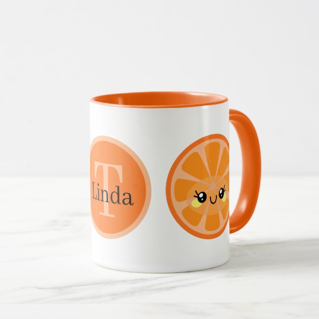 Söt Kawaii-orange tillsätt monogramfrukt Mugg (Framsida höger)