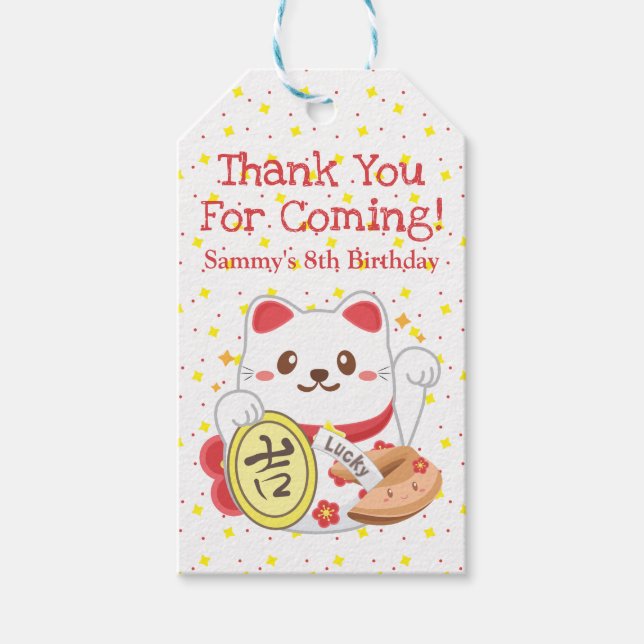 Söt Kawaii Oriental Lucky Cat Födelsedagsfest Presentetikett (Framsidan)