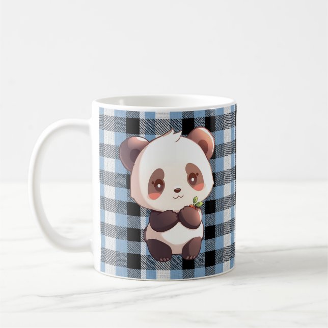 Söt Kawaii Panda Björn Blå Buffalo Rutig Kaffemugg (Vänster)