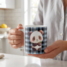 Söt Kawaii Panda Björn Blå Buffalo Rutig