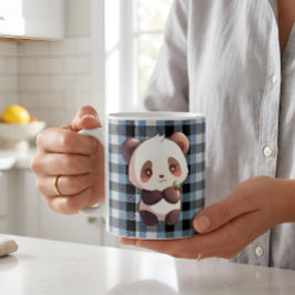 Söt Kawaii Panda Björn Blå Buffalo Rutig Kaffemugg