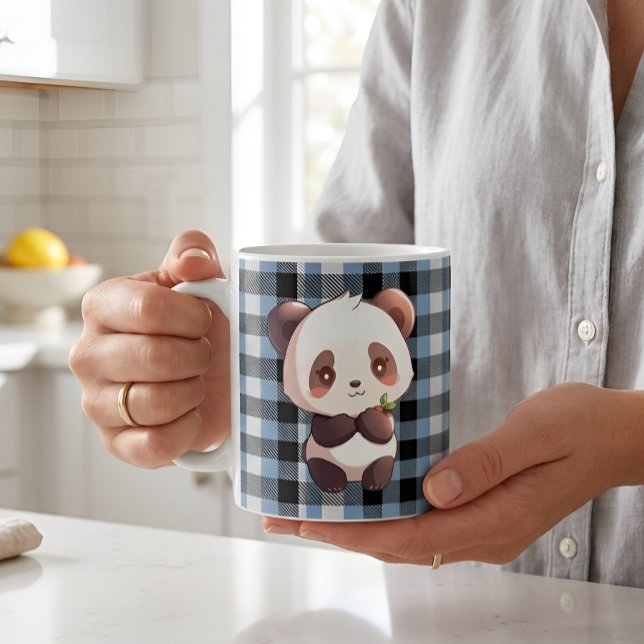 Söt Kawaii Panda Björn Blå Buffalo Rutig Kaffemugg (Skapare uppladdad)