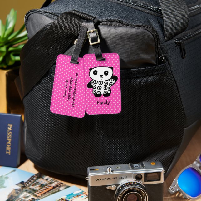 Söt Kawaii Panda Björn Monogram Rosa Prickar Bagagebricka (Fram & Baksida)