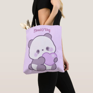 Söt Kawaii Pastell Lila Panda med Hjärtat Anpassad Tygkasse
