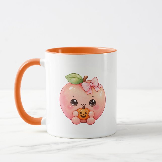 Söt Kawaii Persika som Håller Pumpa Halloween Mugg (Vänster)