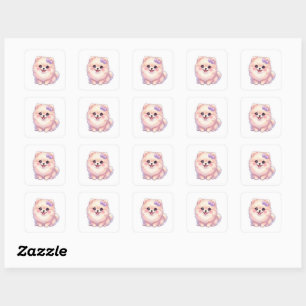 Söt Kawaii Pomeranian Valp Hund Lila Slinga Pastel Fyrkantigt Klistermärke