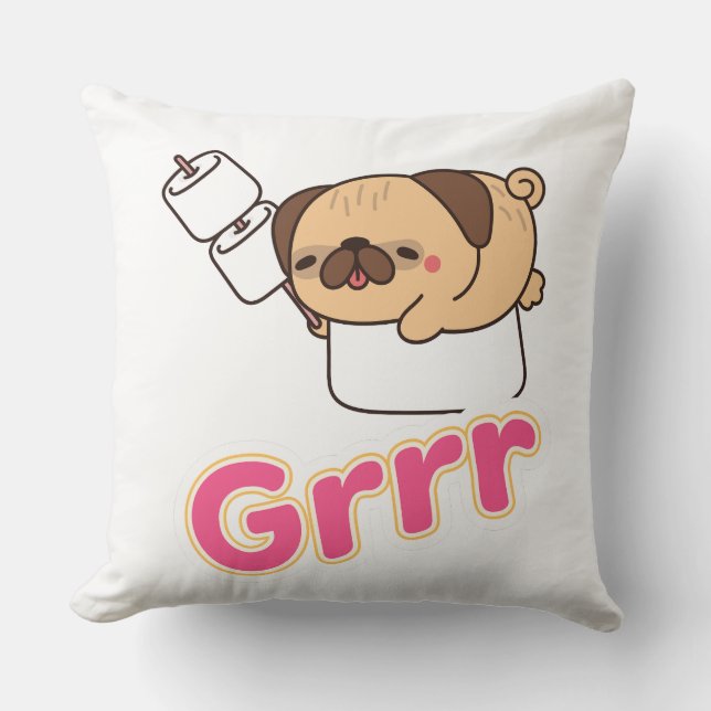 Söt Kawaii Pug Hund med Marshmallows Grrr Kudde (Framsida)