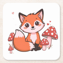 Söt Kawaii Räv med Svamp Tecknad Konst Underlägg Papper Kvadrat
