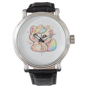Söt Kawaii Regnbåge Kattunge Pastell Fluffig Katt Armbandsur