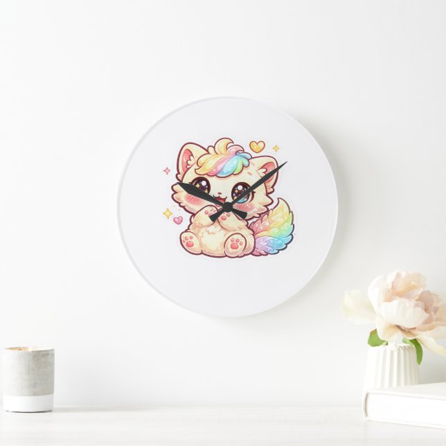 Söt Kawaii Regnbåge Kattunge Pastell Fluffig Katt  Stor Klocka (Hem)