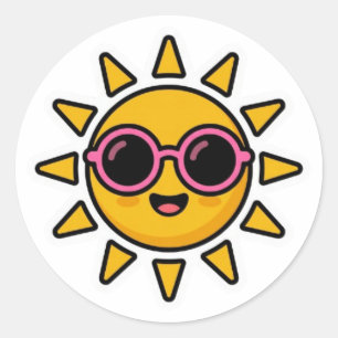 Söt Kawaii Retro Sol som använder rosa solglasögon Runt Klistermärke