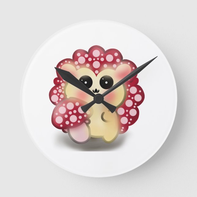 Söt Kawaii Röd Svamp Igelkott Svamp Konst Rund Klocka (Framsida)