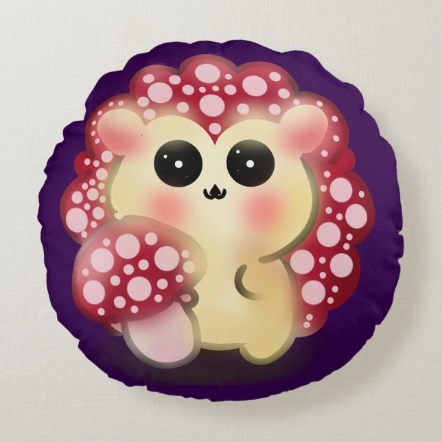 Söt Kawaii Röd Svamp Igelkott Svamp Konst Rund Kudde (Framsidan)