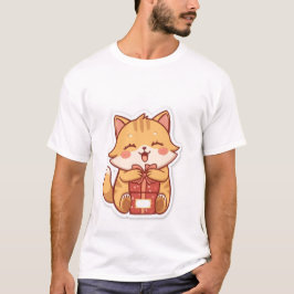 Söt Kawaii Rödbrun Katt som kramar en presentlåda T Shirt