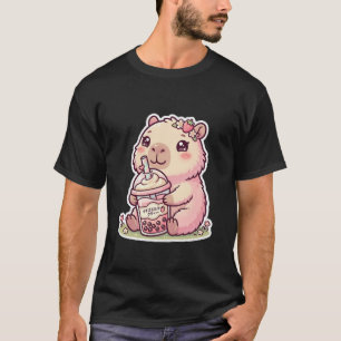 Söt Kawaii Rosa Capybara som Dricker Boba Te T-Shi T Shirt