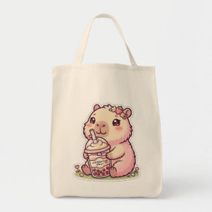 Söt Kawaii Rosa Capybara som Dricker Boba Te Tote Tygkasse