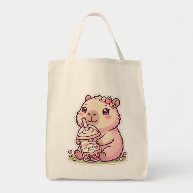 Söt Kawaii Rosa Capybara som Dricker Boba Te Tote  Tygkasse (Framsidan)