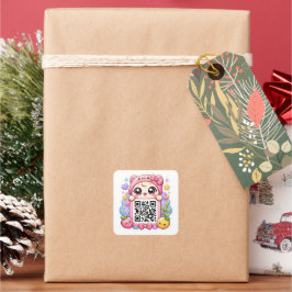Söt Kawaii Rosa QR-kod Karaktär Blommig Pastell R Fyrkantigt Klistermärke