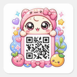 Söt Kawaii Rosa QR-kod Karaktär Blommig Pastell R Fyrkantigt Klistermärke