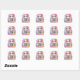 Söt Kawaii Rosa QR-kod Karaktär Blommig Pastell R Fyrkantigt Klistermärke