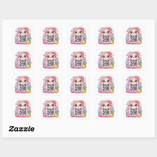Söt Kawaii Rosa QR-kod Karaktär Blommig Pastell R Fyrkantigt Klistermärke