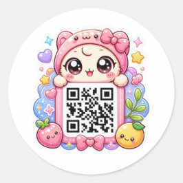 Söt Kawaii Rosa QR-kod Karaktär Blommig Pastell R Runt Klistermärke