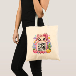 Söt Kawaii Rosa QR-kod Karaktär Blommig Pastell R Tygkasse