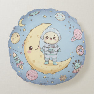 Söt Kawaii rymd - Astronaut och leende måne Rund Kudde