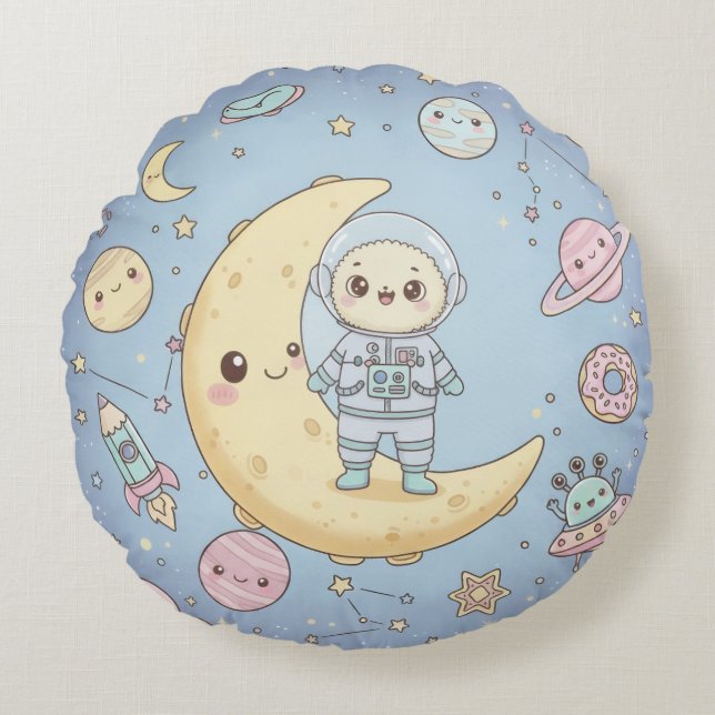 Söt Kawaii rymd - Astronaut och leende måne Rund Kudde (Framsidan)