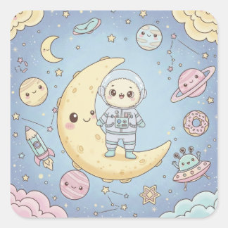 Söt Kawaii rymden - Astronaut och leende måne Fyrkantigt Klistermärke