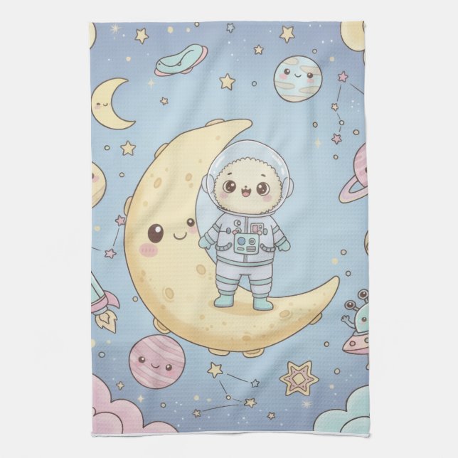 Söt Kawaii rymden - Astronaut och leende måne Kökshandduk (Vertikal)