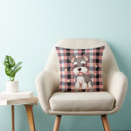 Söt Kawaii Schnauzer Hund Rosa Buffalo Rutig Kudde