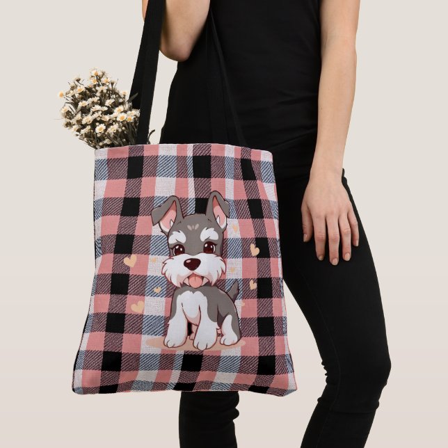 Söt Kawaii Schnauzer Hund Rosa Buffalo Rutig Tygkasse (Närbild)