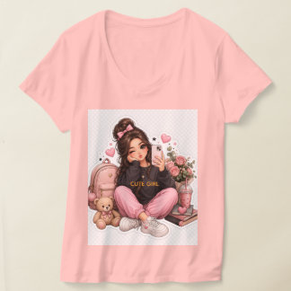 Söt Kawaii Selfie Tjej Klistermärke T-Shirt Design