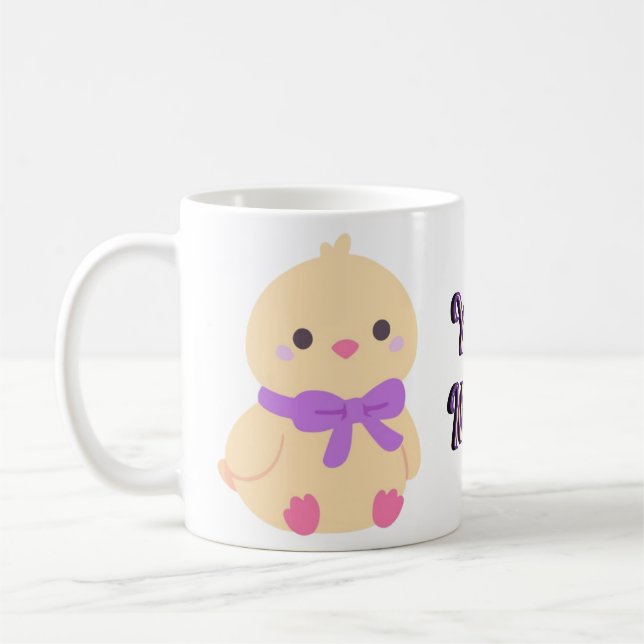 Söt Kawaii Sittande Babykyckling Lila Båge Mugg (Vänster)