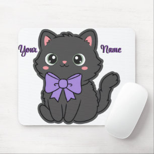 Söt Kawaii Sittande Svart Katt Lila Slöja Anpassad Musmatta