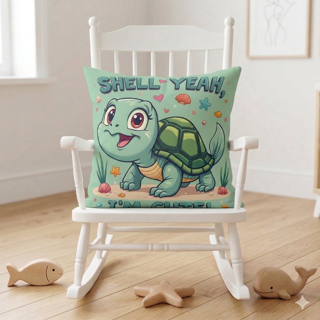Söt Kawaii Sköldpadda med Roligt Skämt Ocean Estet Kudde (Cute Kawaii Turtle with Funny Pun Ocean Aesthetic Throw Pillow Mockup A)