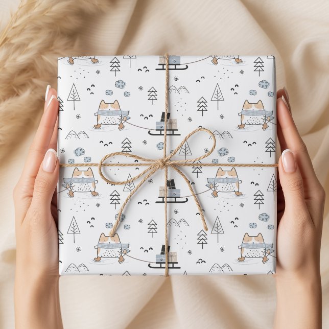 Söt Kawaii Skridskoåkande Katt Sömlöst Mönster Jul Presentpapper (Skapare uppladdad)