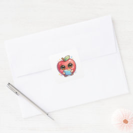 Söt Kawaii Smart Apple med Glasögon som Håller i B Fyrkantigt Klistermärke