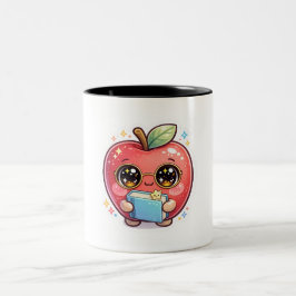 Söt Kawaii Smart Apple med Glasögon som Håller i B Två-Tonad Mugg