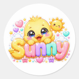 Söt Kawaii Solig Chick Namn Pastell Rosa Glittrand Runt Klistermärke
