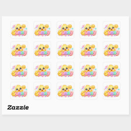 Söt Kawaii Solig Kyckling Namn Pastell Rosa Glittr Fyrkantigt Klistermärke