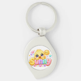 Söt Kawaii Solig Kyckling Namn Pastell Rosa Glittr Swirl Silverfärgad Nyckelring