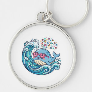 Söt Kawaii Sommar Blåval Hjärtformade Solglasögon Rund Silverfärgad Nyckelring