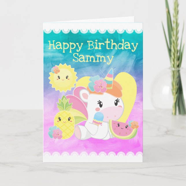 Söt Kawaii Sommar Tropisk Enhörning Födelsedag Kort (Framsida)